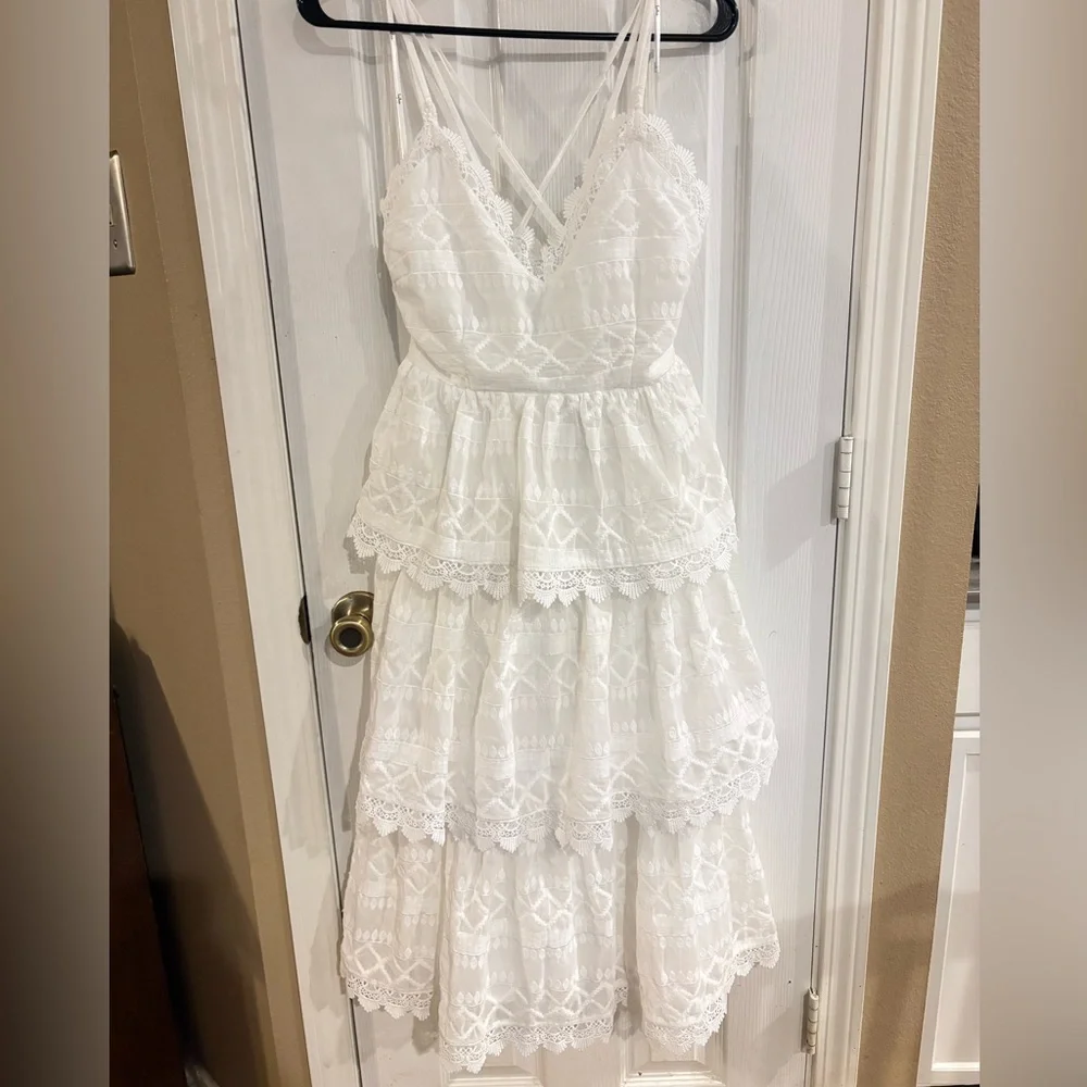 LULUS All Is Love White Tiered Midi Dress S Lace Bridal Shower Rehearsal Dinner - Picture 2 of 11